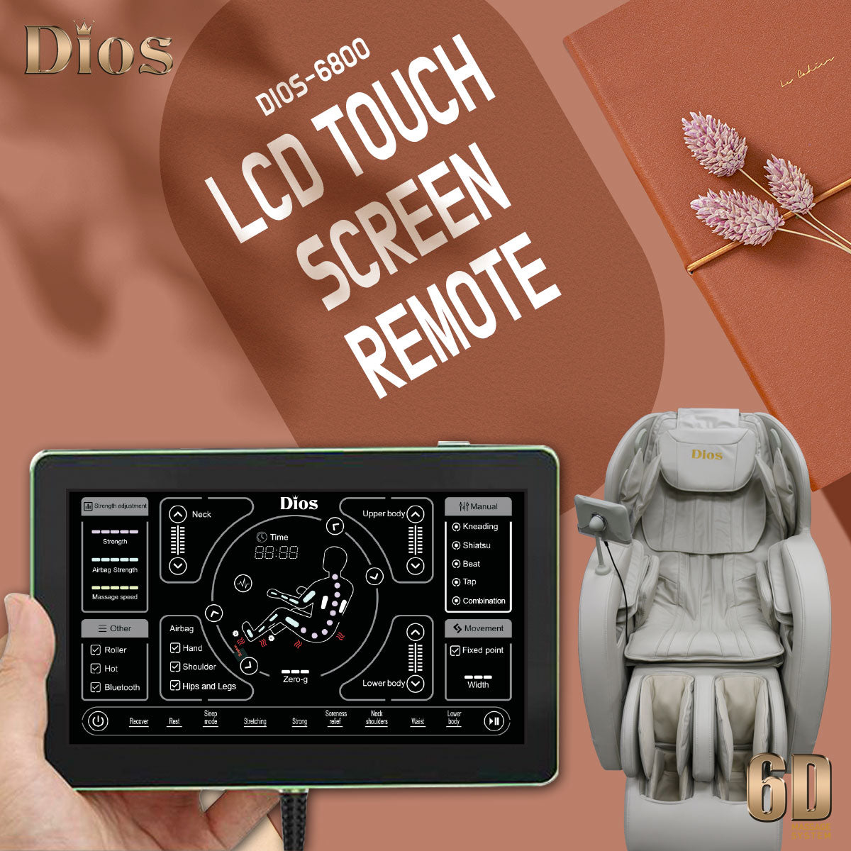 DIOS 6800 touchscreen remote control for massage customization